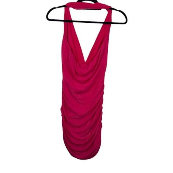 Pretty Little Thing Pink Mesh Extreme Plunge Ruched Bodycon Dress Halter Size 4 - Picture 6 of 12